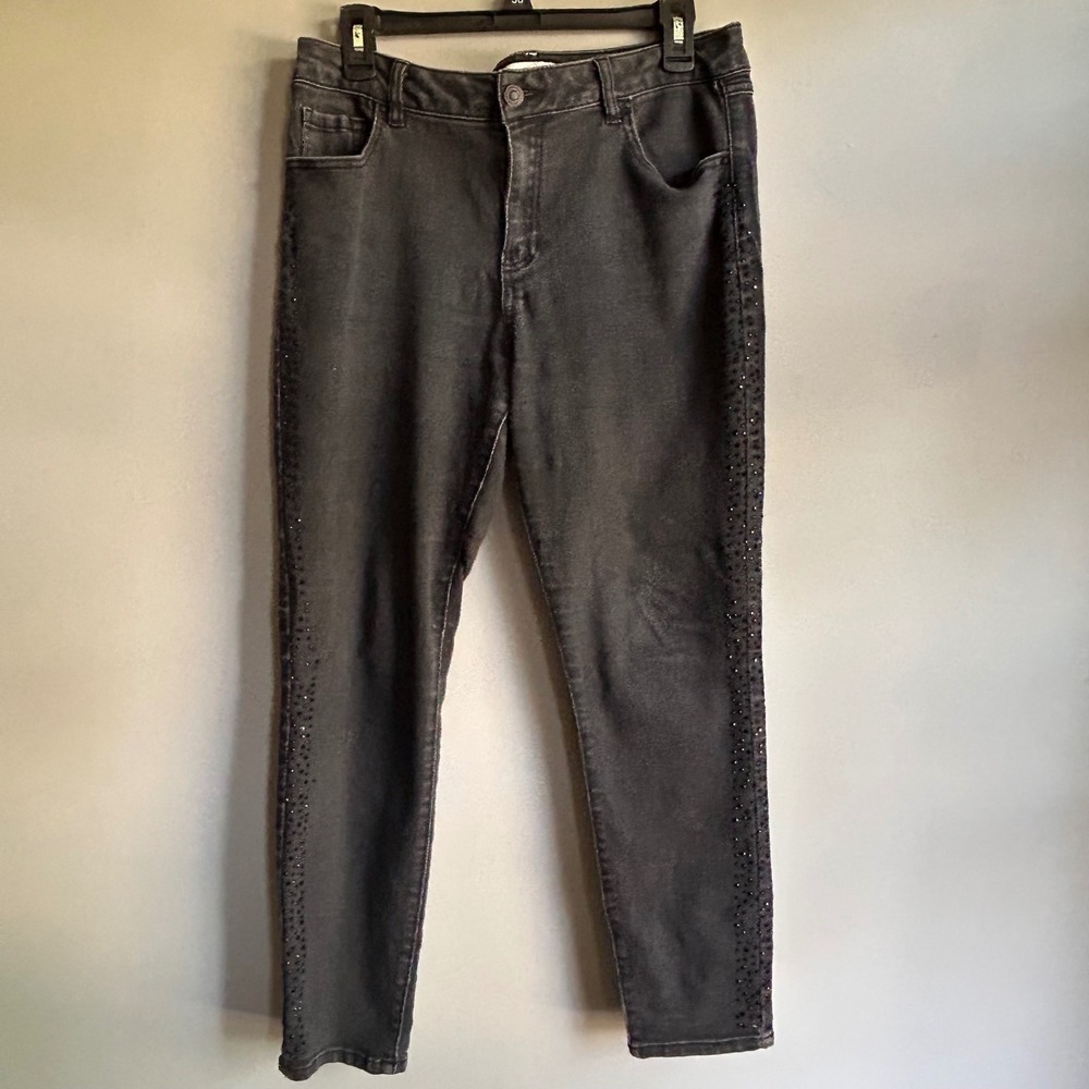 Artisan NY Women Black Rhinestone Side Stripe Skinny Jeans Size 12 Stretch Denim